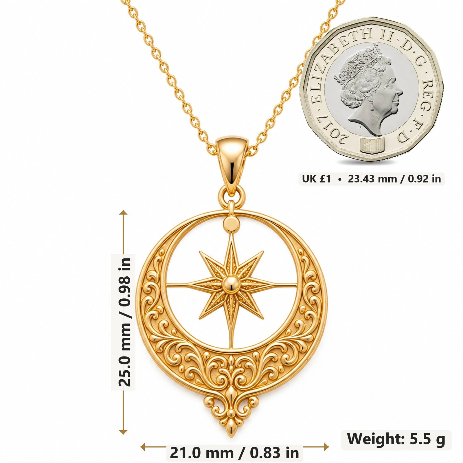 Ottoman Crescent Star pendant necklace size image showing 25.0 mm height, 21.0 mm width and 5.5 g weight