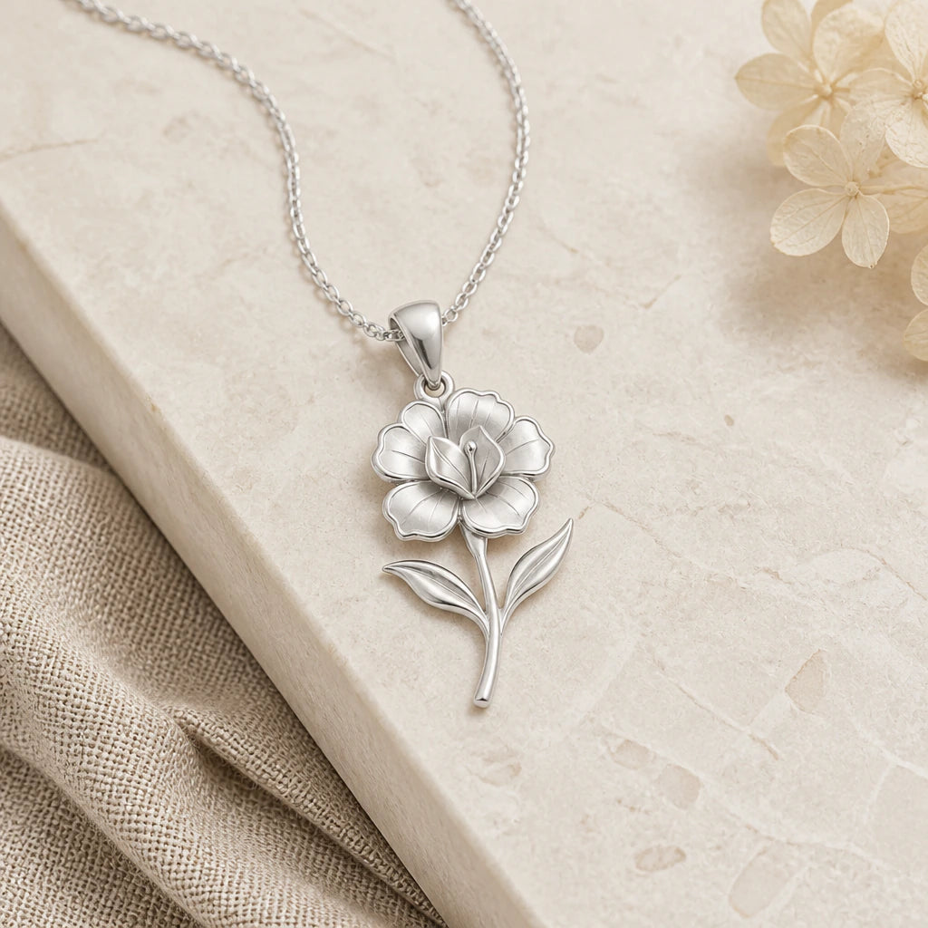 Close-up of silver gloxinia flower pendant showing the sculpted detail