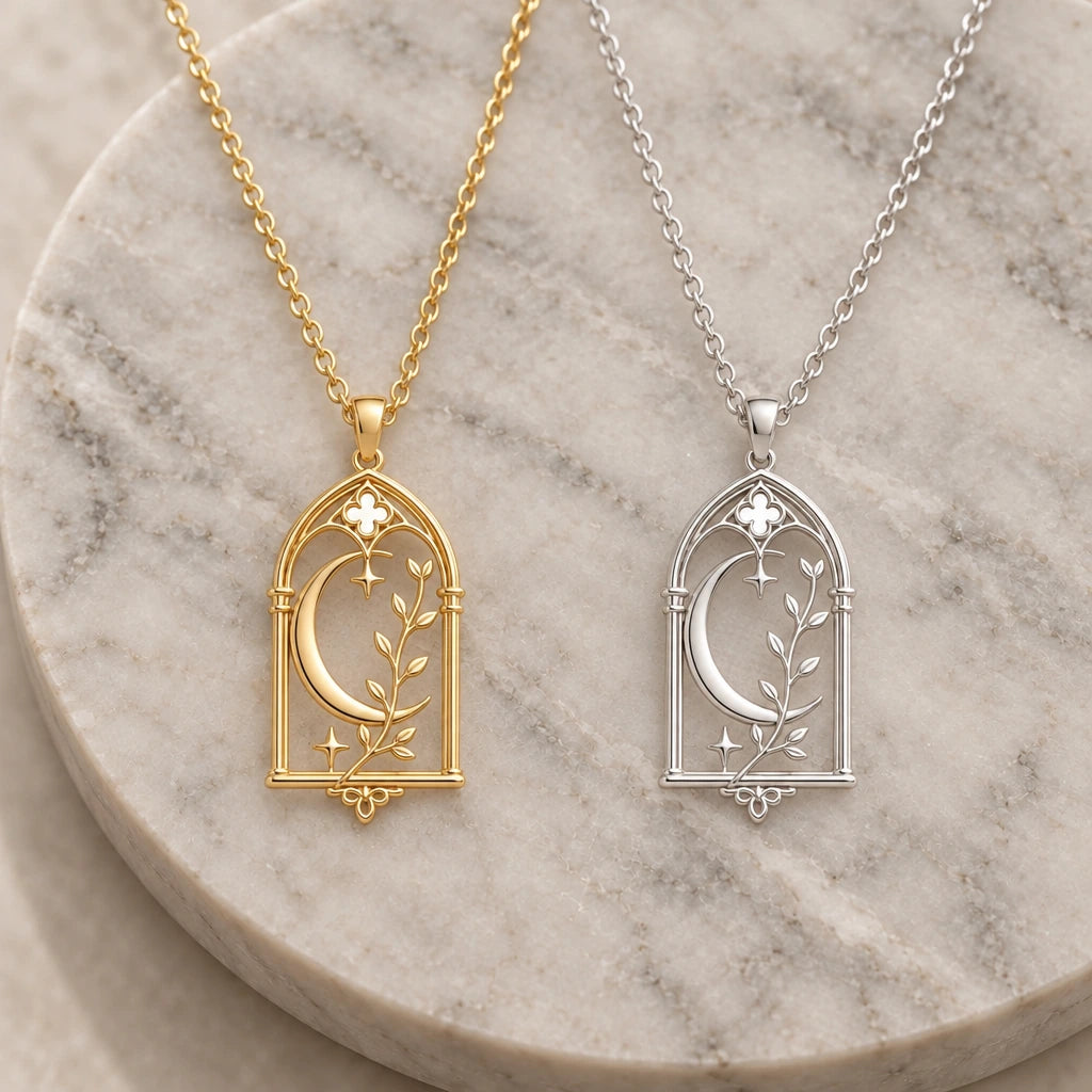 Cathedral Moon Window pendant necklace in silver and gold finishes side by side