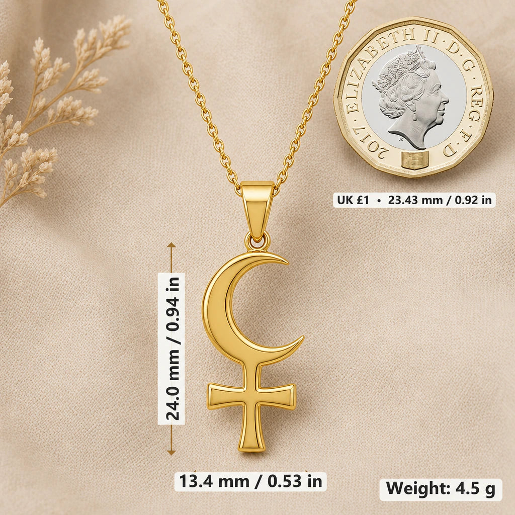 Crescent Venus Symbol Pendant Necklace size guide, 24 by 13.4 mm
