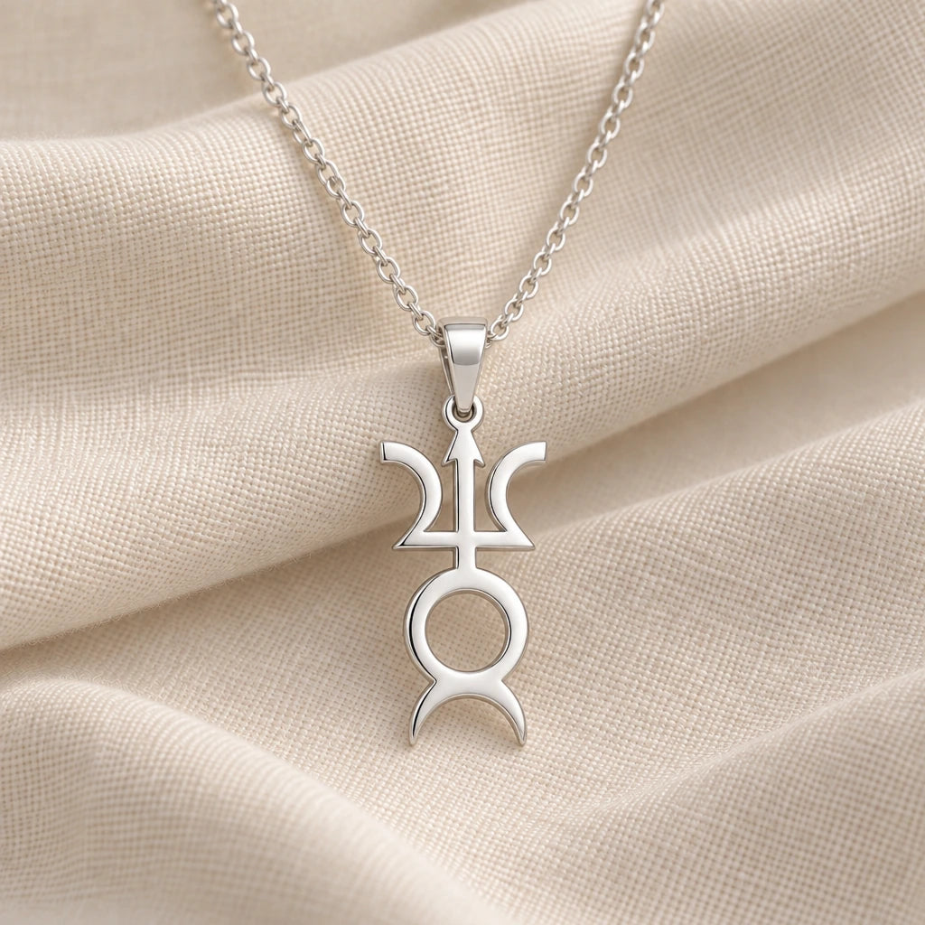925 sterling silver varuna horned symbol pendant necklace on cream fabric