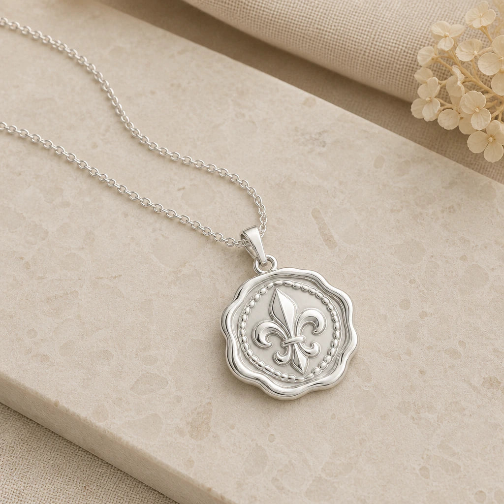 Close-up of silver fleur de lis wax seal pendant showing the sculpted detail
