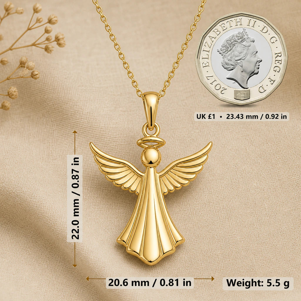 Angel necklace size image showing 22 mm height, 20.6 mm width and 5.5 g weight beside a UK pound coin