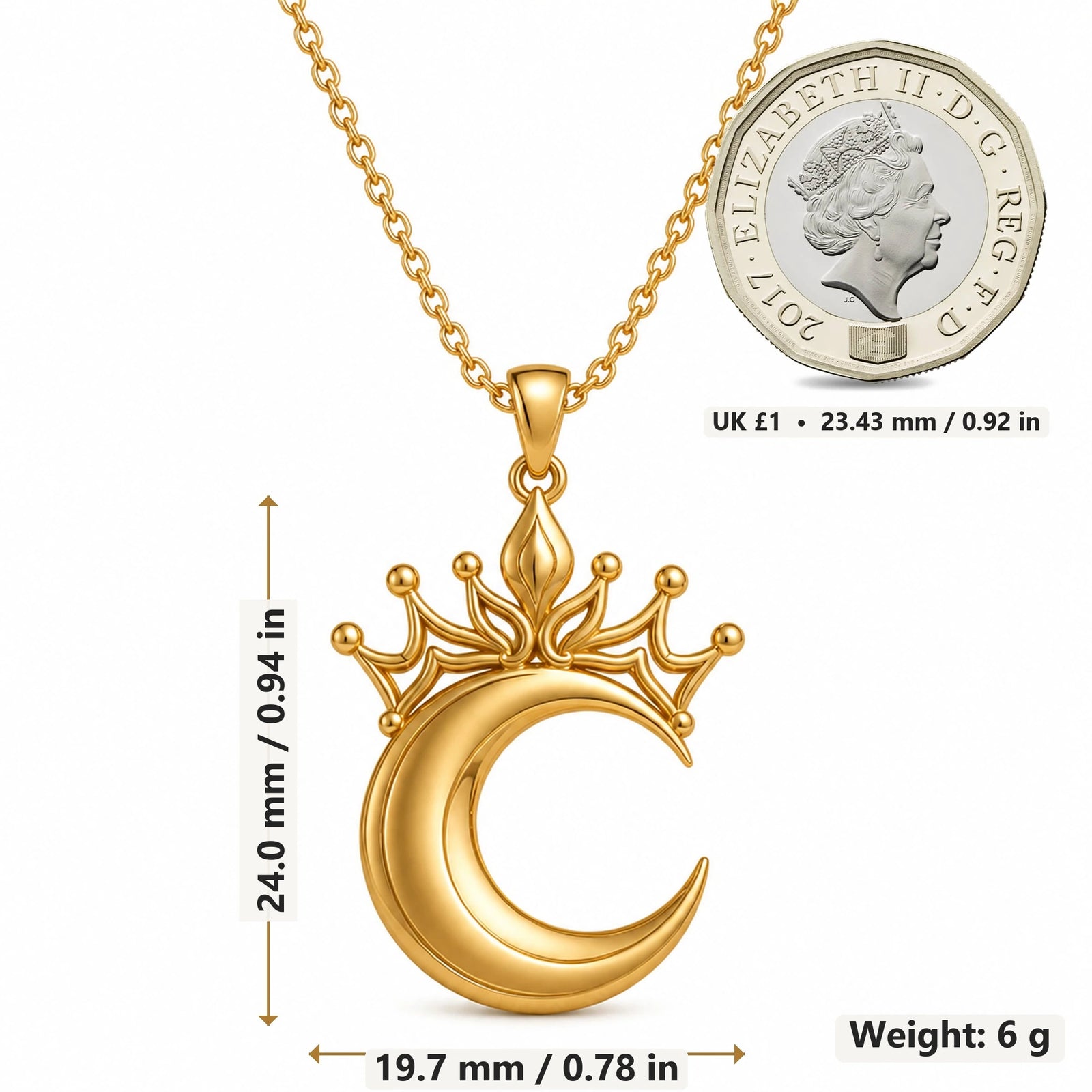 Lunar Queen Crowned Moon pendant necklace size image showing 24.0 mm height, 19.7 mm width and 6 g weight