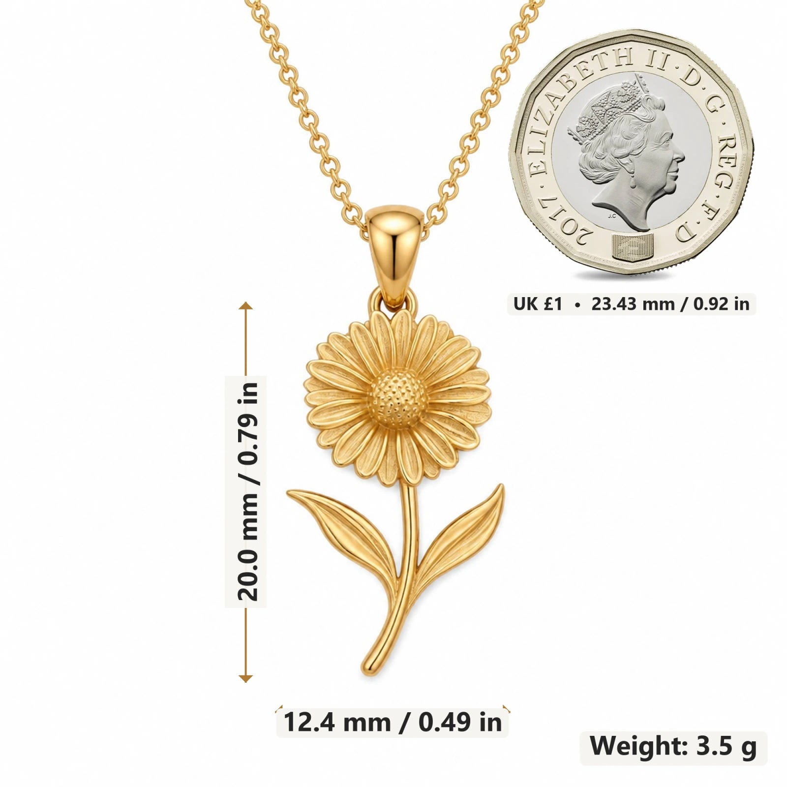 Calendula Flower pendant necklace size image showing 20 mm height and 12.4 mm width and 3.5 g weight