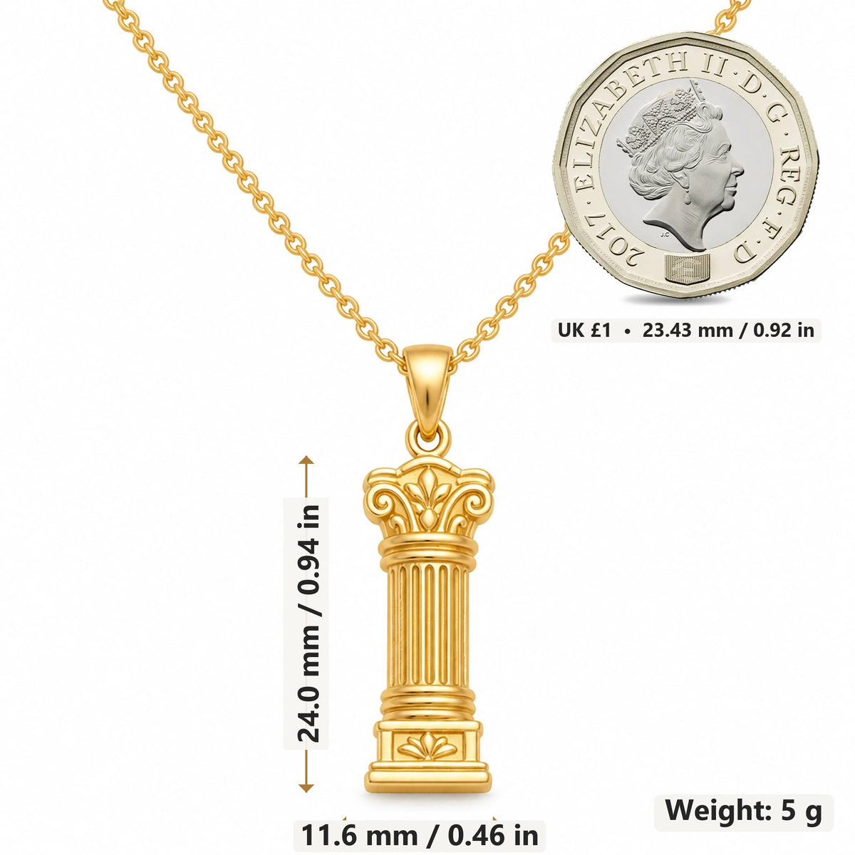 Sacred Pillar Column pendant necklace size image showing 24.0 mm height, 11.6 mm width and 5 g weight