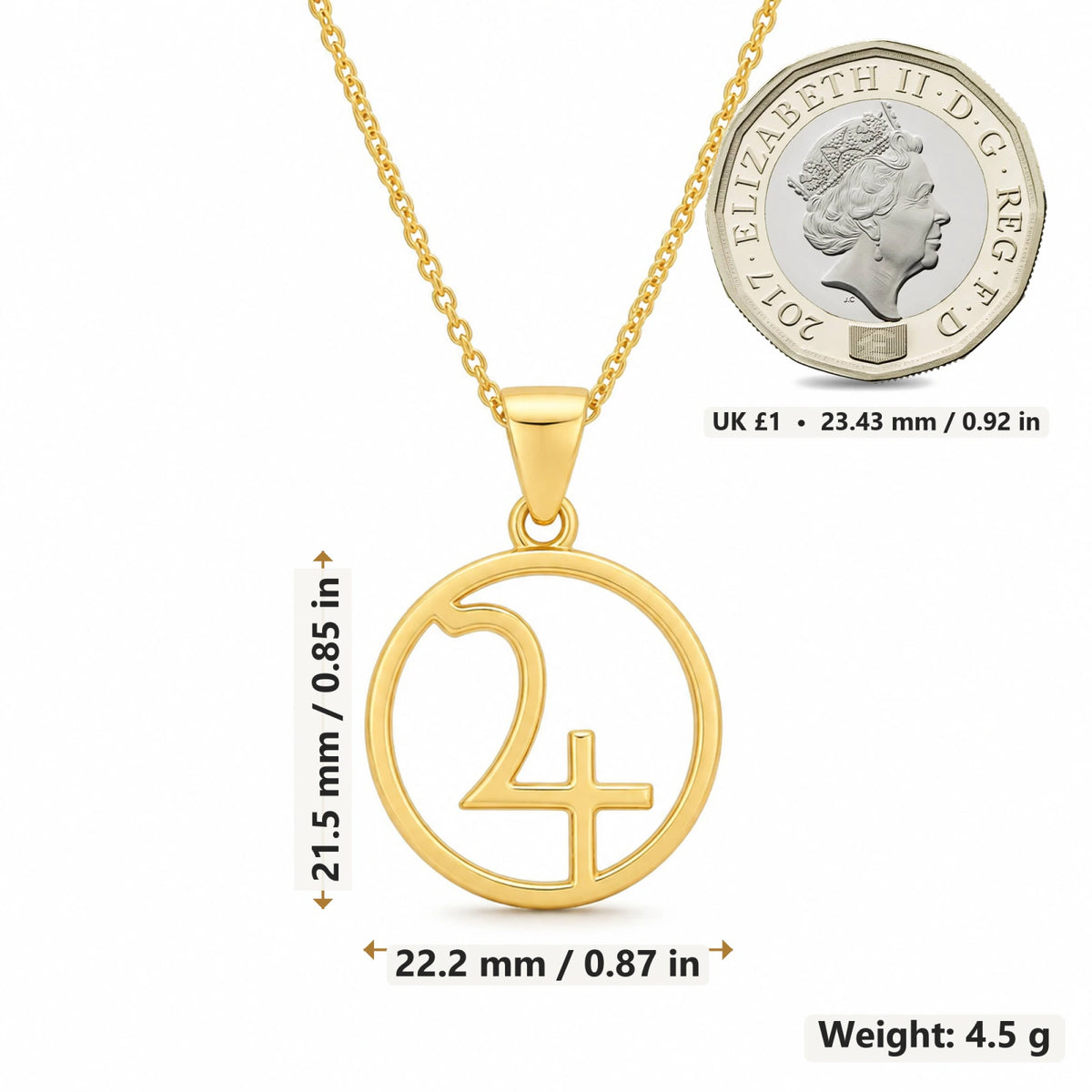 Jupiter Symbol pendant necklace size image showing 21.5 mm height and 22.2 mm width and 4.5 g weight
