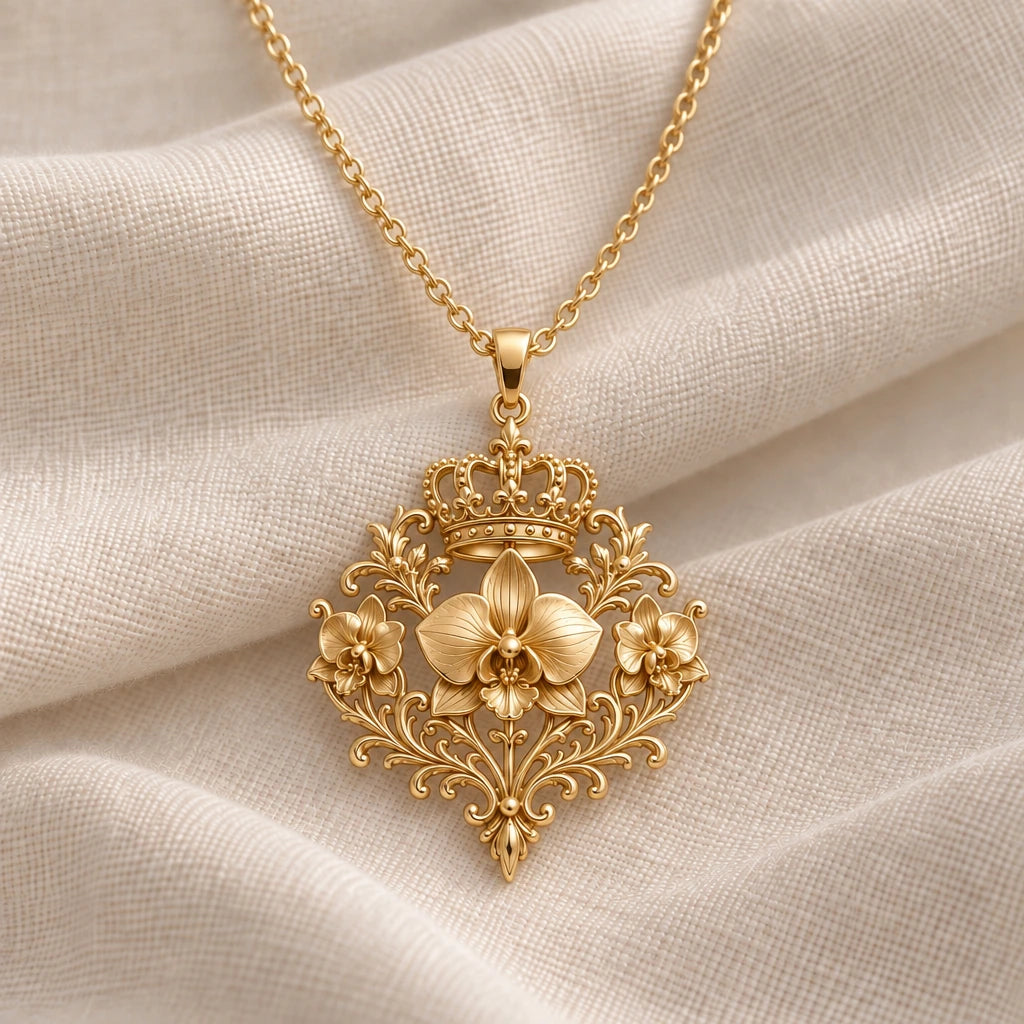 Regal Orchid Crown pendant necklace in an 18k gold plated finish
