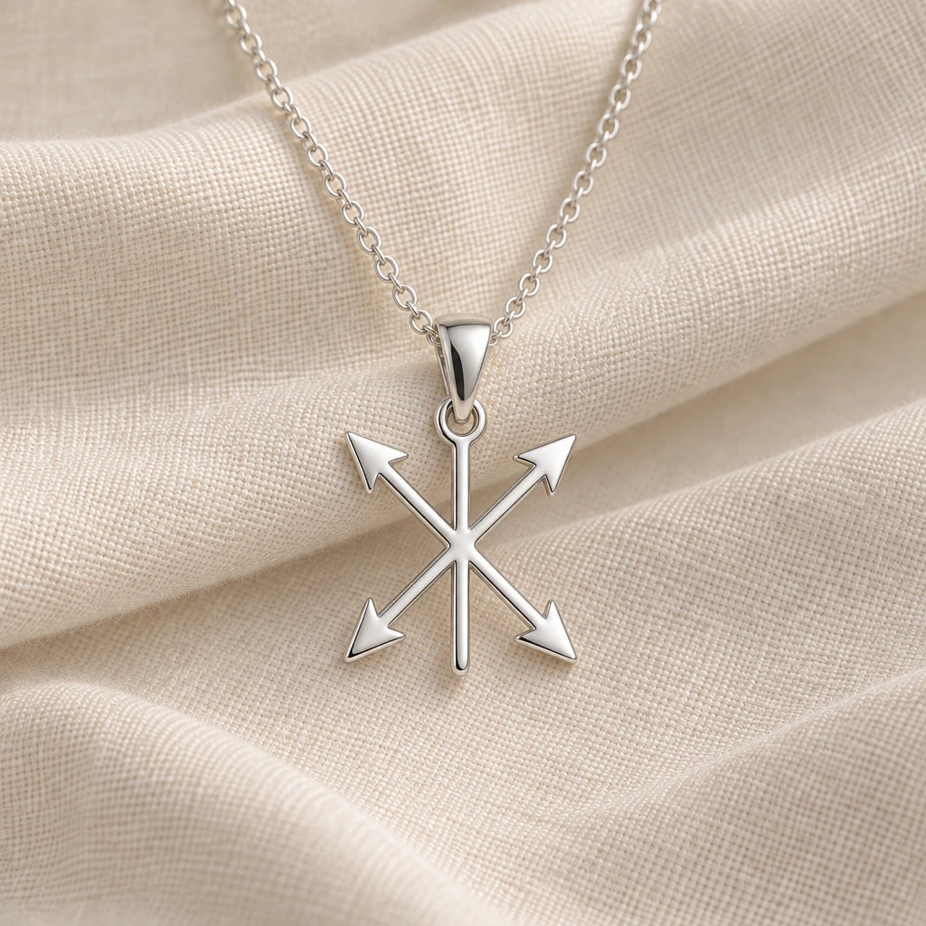 925 sterling silver three crossed arrows pendant necklace on cream fabric