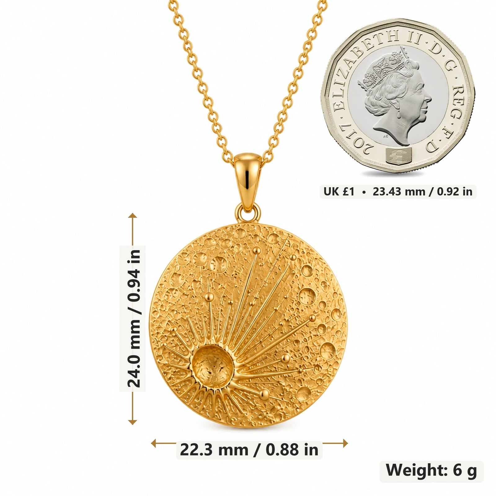 Lunar Impact Crater pendant necklace size image showing 24.0 mm height, 22.3 mm width and 6 g weight