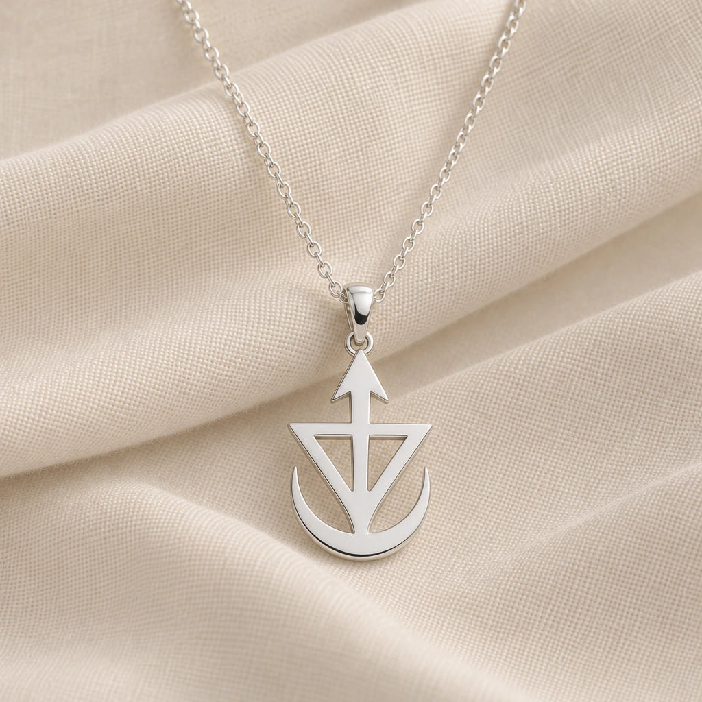 925 sterling silver jason asteroid symbol pendant necklace on cream fabric
