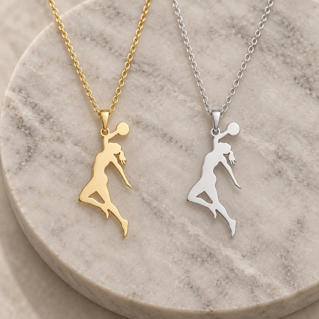 Basketball Jump Shot pendant necklace in silver and gold finishes side by side