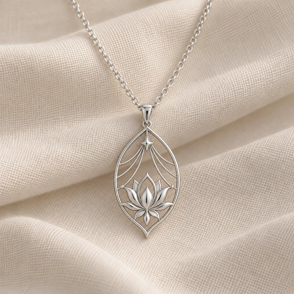 925 sterling silver lotus veil pendant necklace on cream fabric