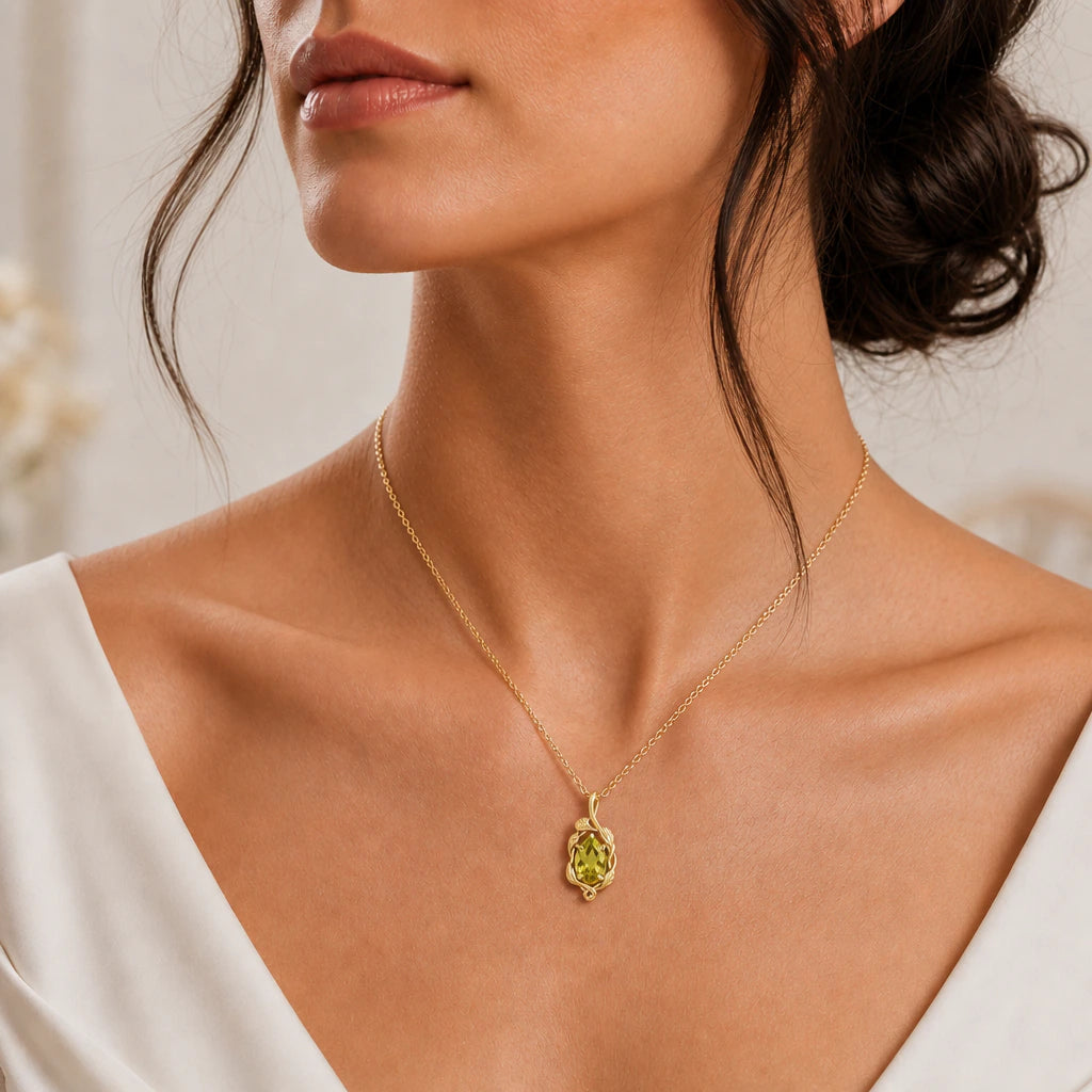 Leaf Vine Pear Birthstone Pendant Necklace worn, second view