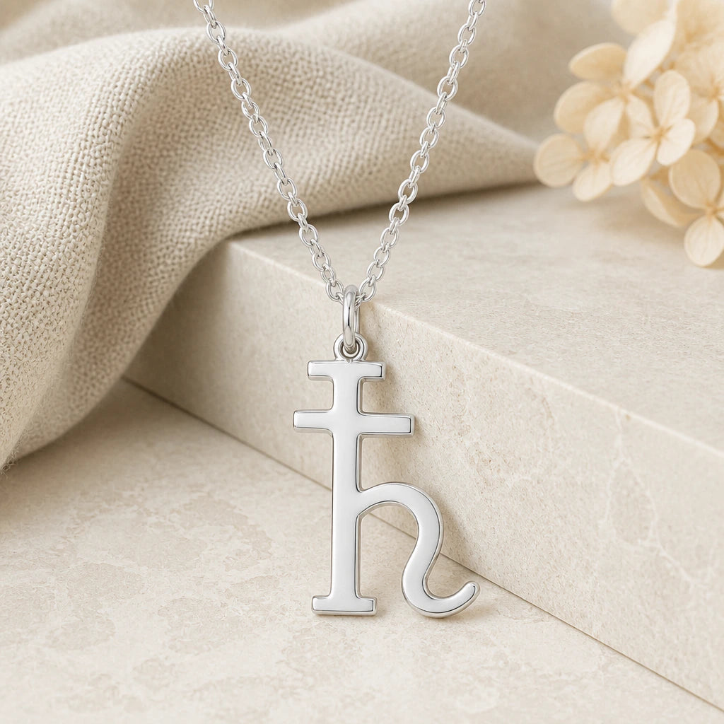 925 sterling silver saturn symbol pendant necklace on softly folded cream linen
