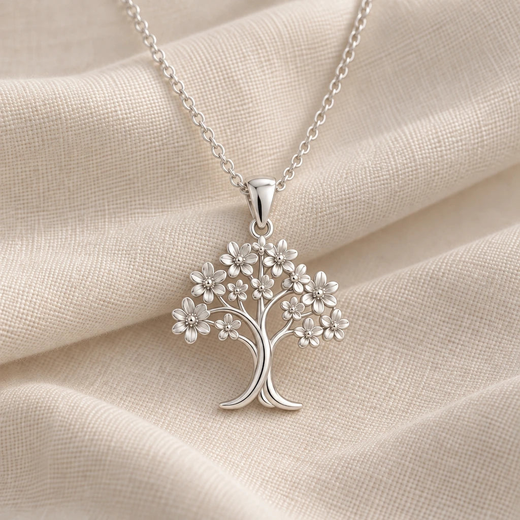 925 sterling silver orchid tree blossom pendant necklace on cream fabric