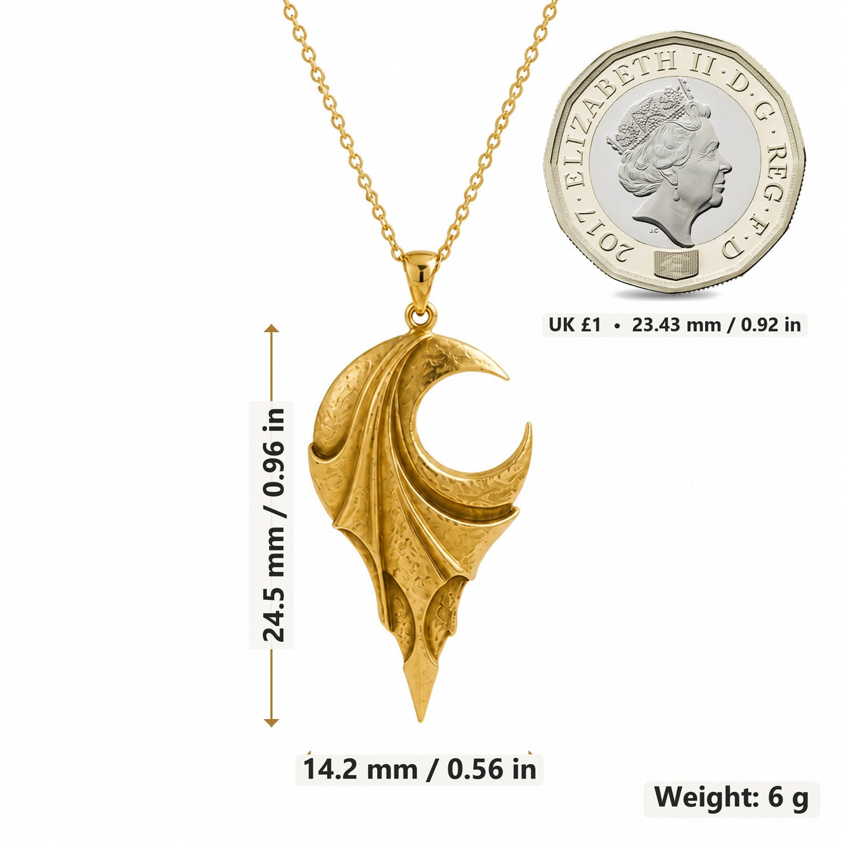 Veiled Eclipse Wing pendant necklace size image showing 24.5 mm height, 14.2 mm width and 6 g weight