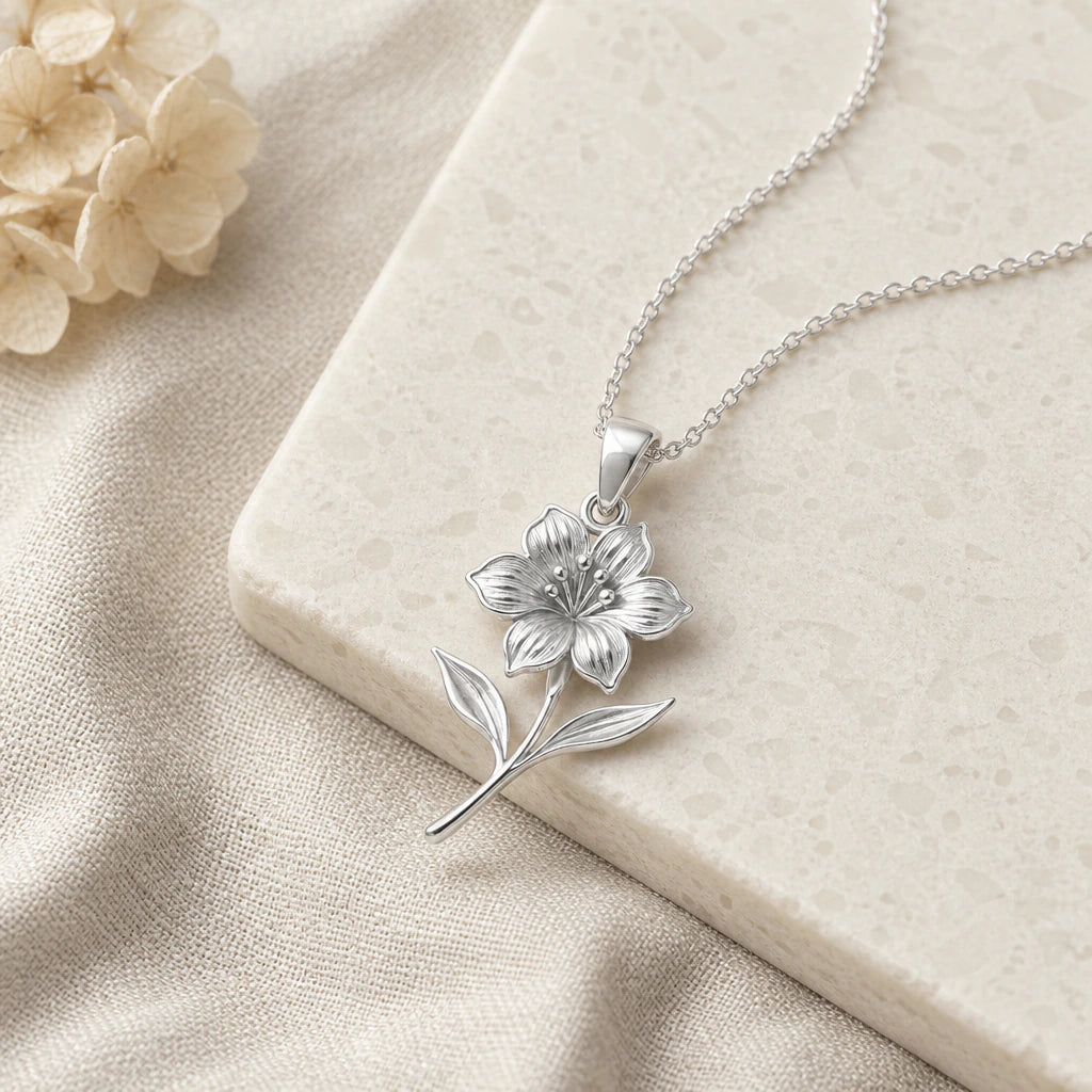 Close-up of silver rhododendron flower pendant showing the sculpted detail
