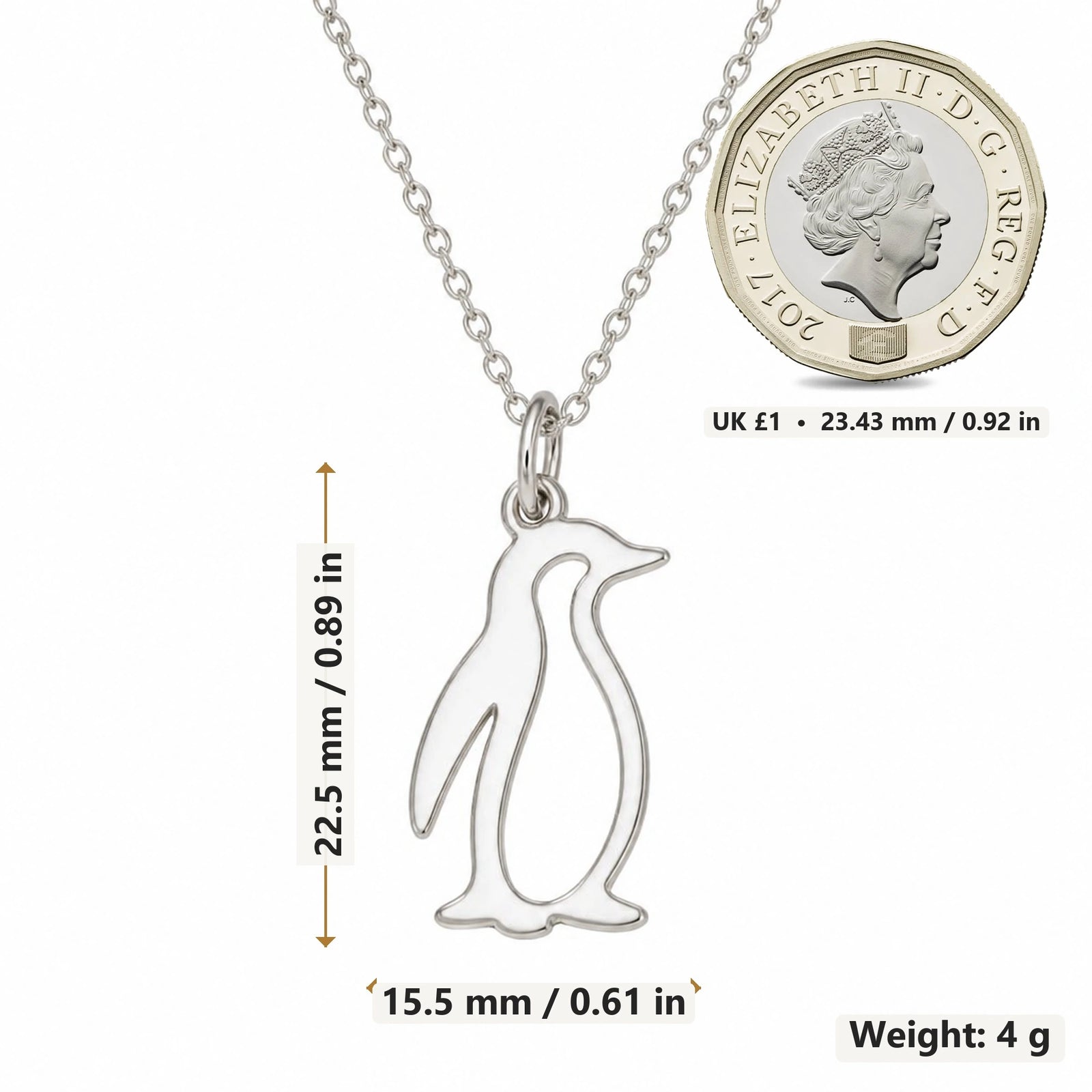Penguin Outline pendant necklace size image showing 22.5 mm height, 15.5 mm width and 4 g weight