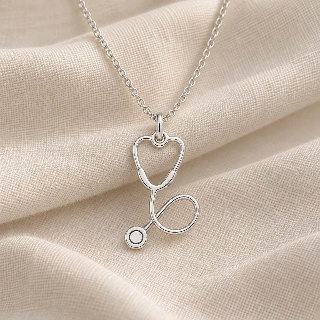 925 sterling silver stethoscope charm pendant necklace on cream fabric