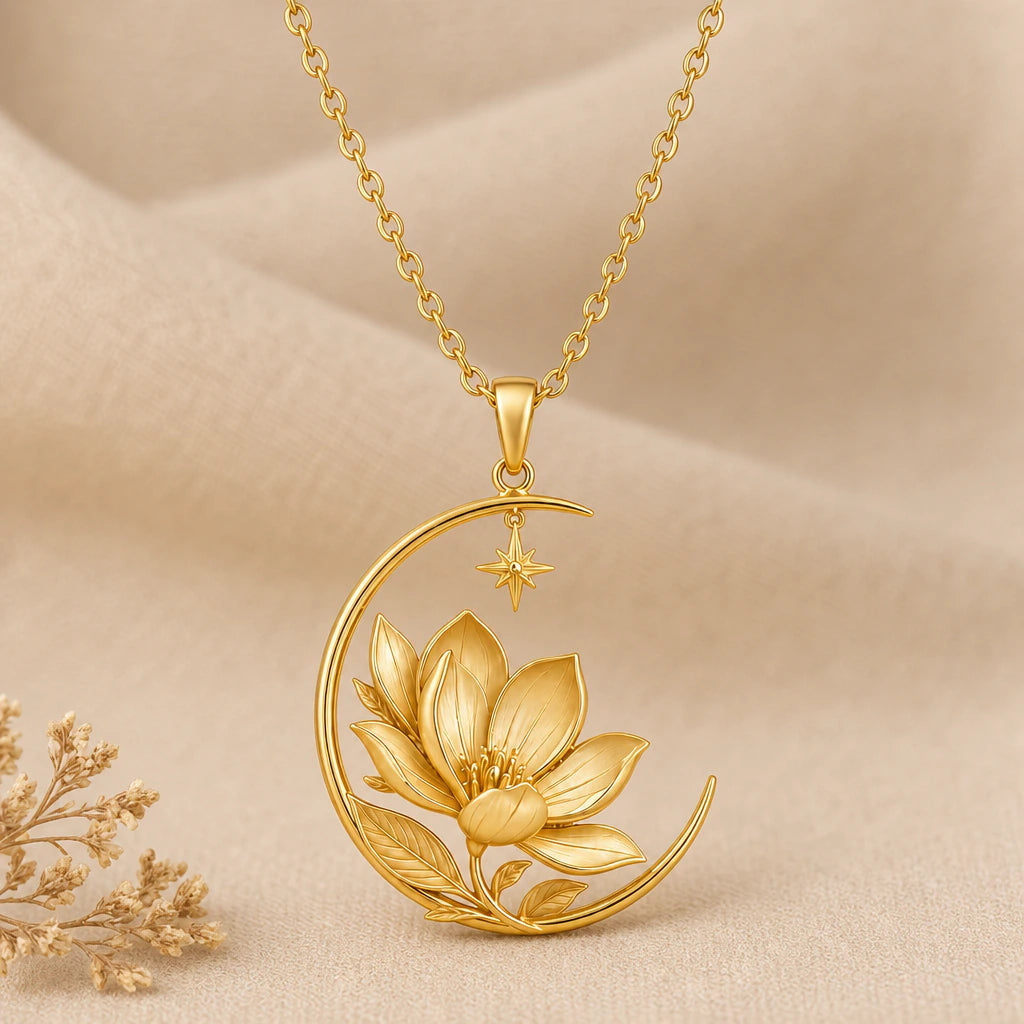 Royal Magnolia Crescent Moon Pendant Necklace in 18k gold plated sterling silver
