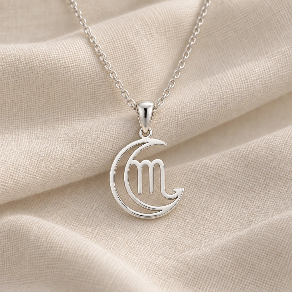 925 sterling silver scorpio moon sigil pendant necklace on cream fabric