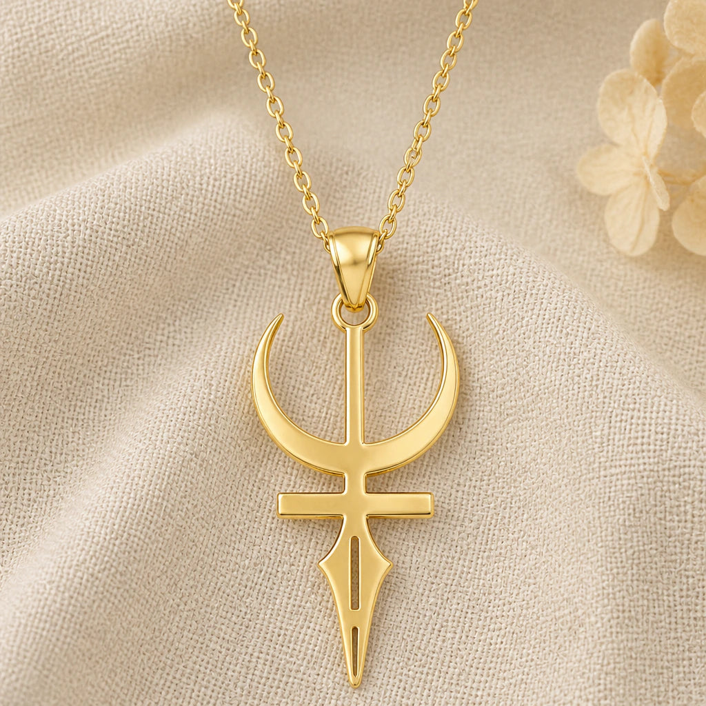 Feminine Energy Symbol pendant necklace in a warm gold finish on cream fabric