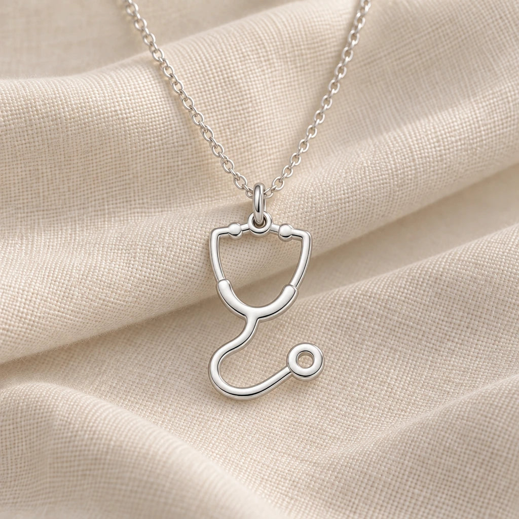 925 sterling silver stethoscope outline pendant necklace on cream fabric