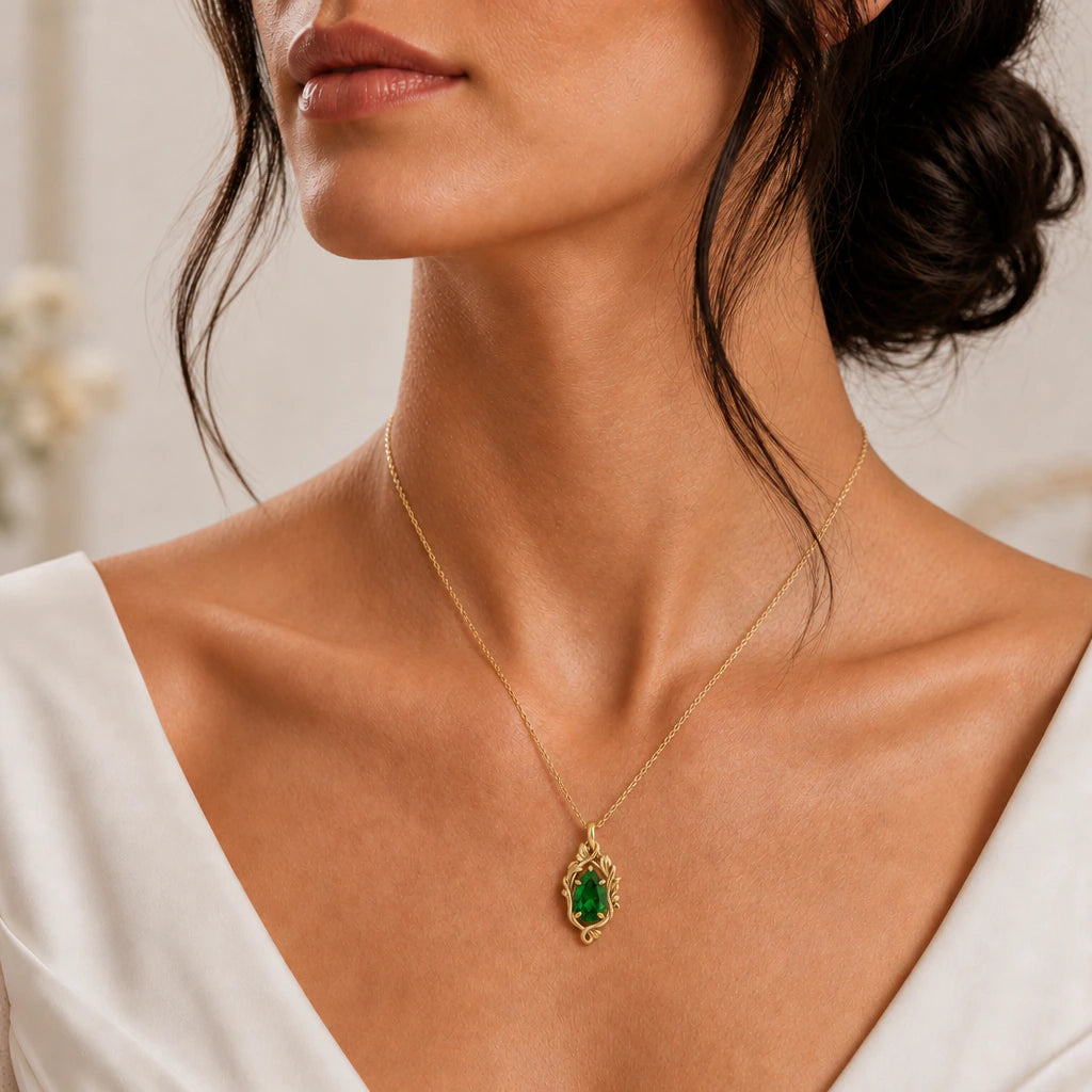 Twisting Vine Teardrop Birthstone Pendant Necklace worn, second view