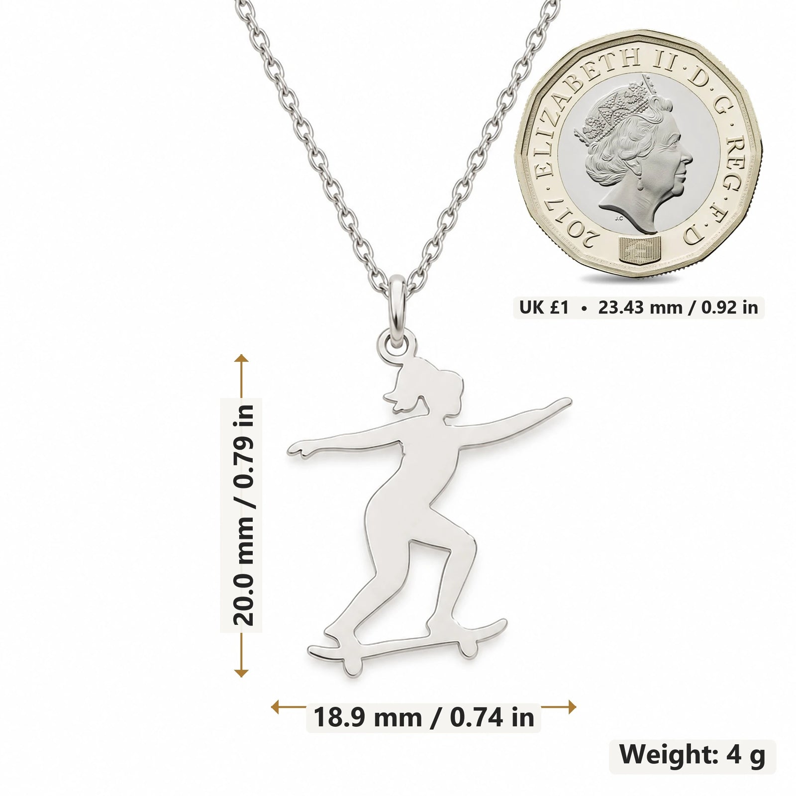 Skateboard Girl pendant necklace size image showing 20.0 mm height, 18.9 mm width and 4 g weight