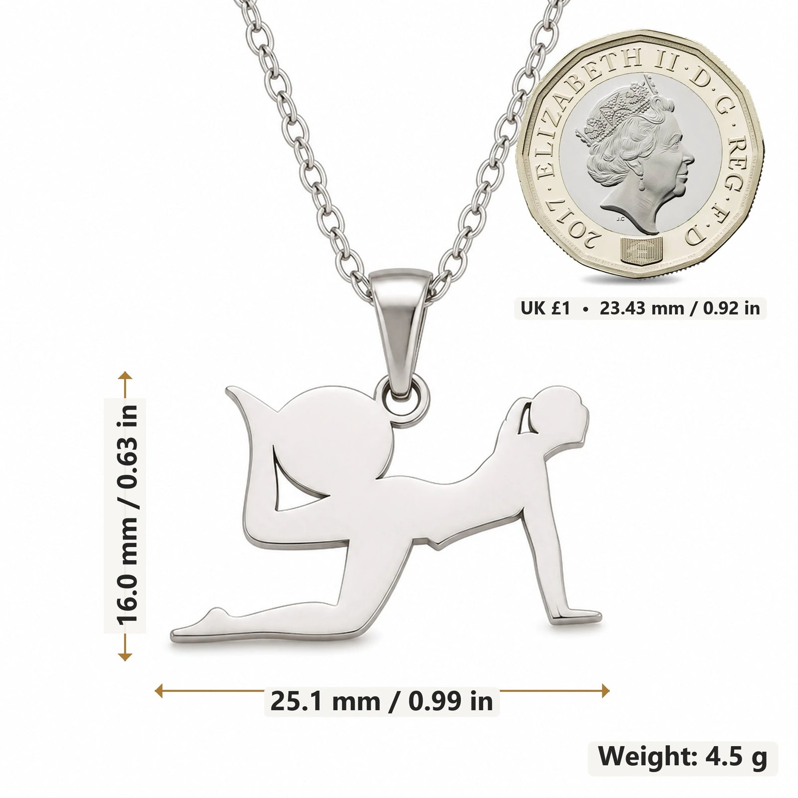 Yoga Pigeon Pose pendant necklace size image showing 16.0 mm height, 25.1 mm width and 4.5 g weight