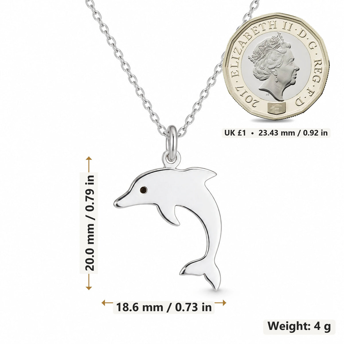 Dolphin Silhouette pendant necklace size image showing 20.0 mm height, 18.6 mm width and 4 g weight