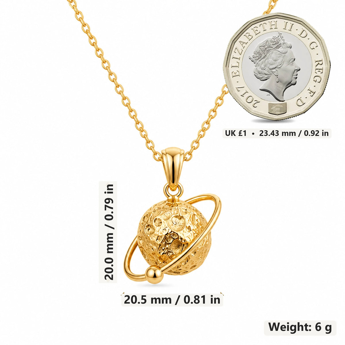 Asteroid Orbit pendant necklace size image showing 20.0 mm height, 20.5 mm width and 6 g weight