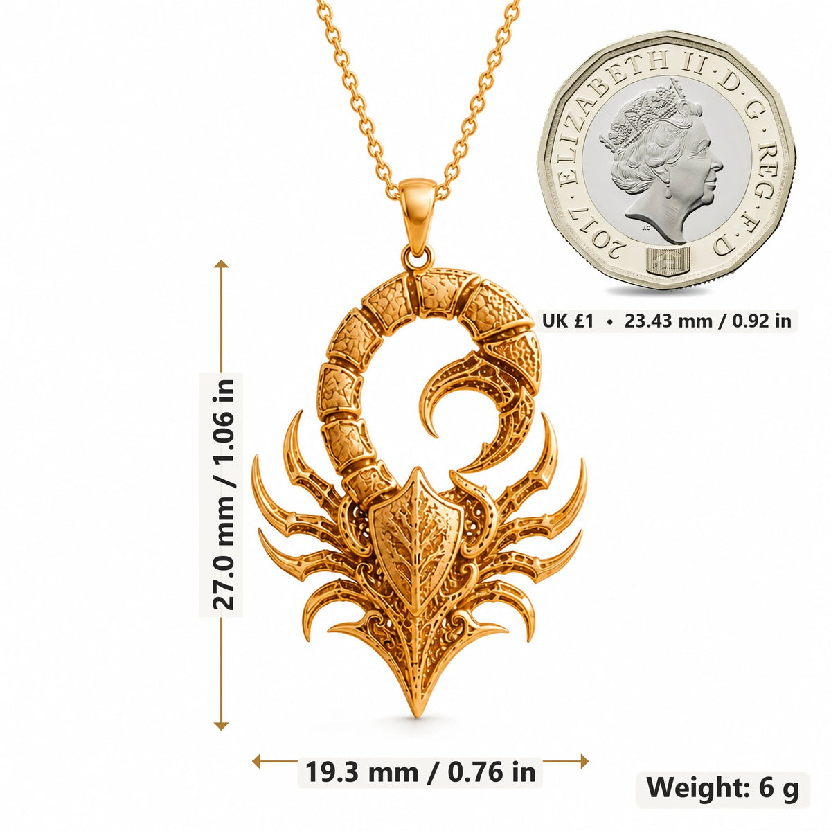 Fossil Scorpion Crest pendant necklace size image showing 27.0 mm height, 19.3 mm width and 6 g weight