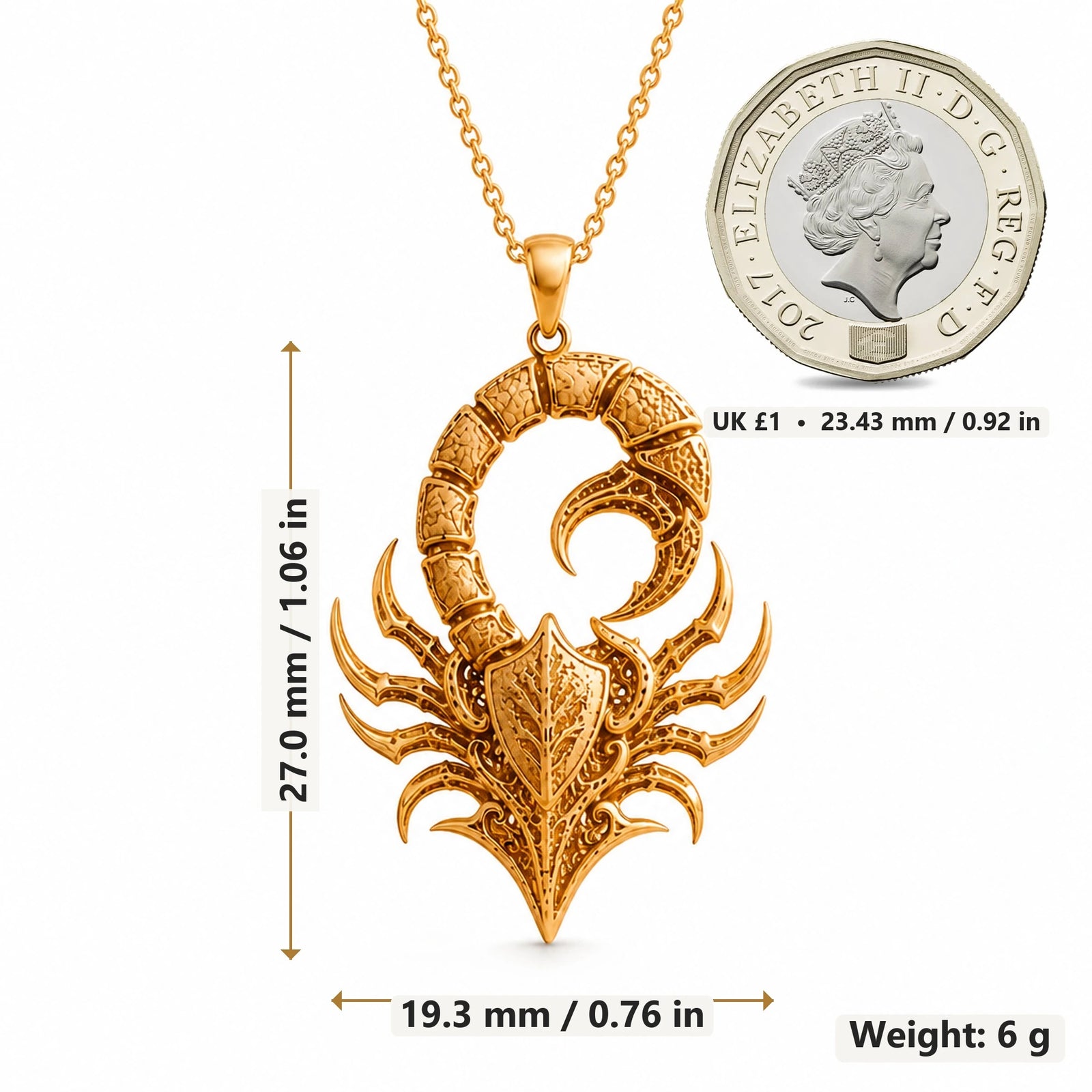 Fossil Scorpion Crest pendant necklace size image showing 27.0 mm height, 19.3 mm width and 6 g weight