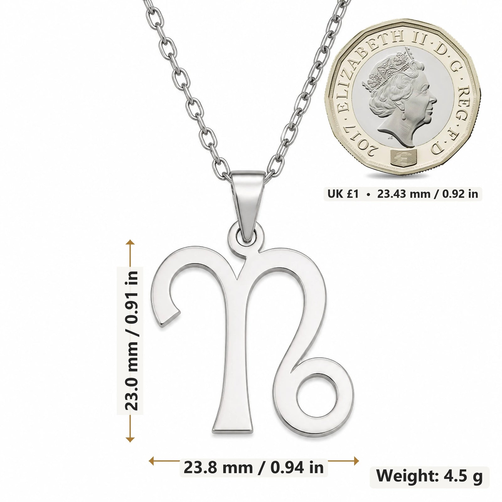 Capricorn Zodiac Glyph pendant necklace size image showing 23.0 mm height, 23.8 mm width and 4.5 g weight