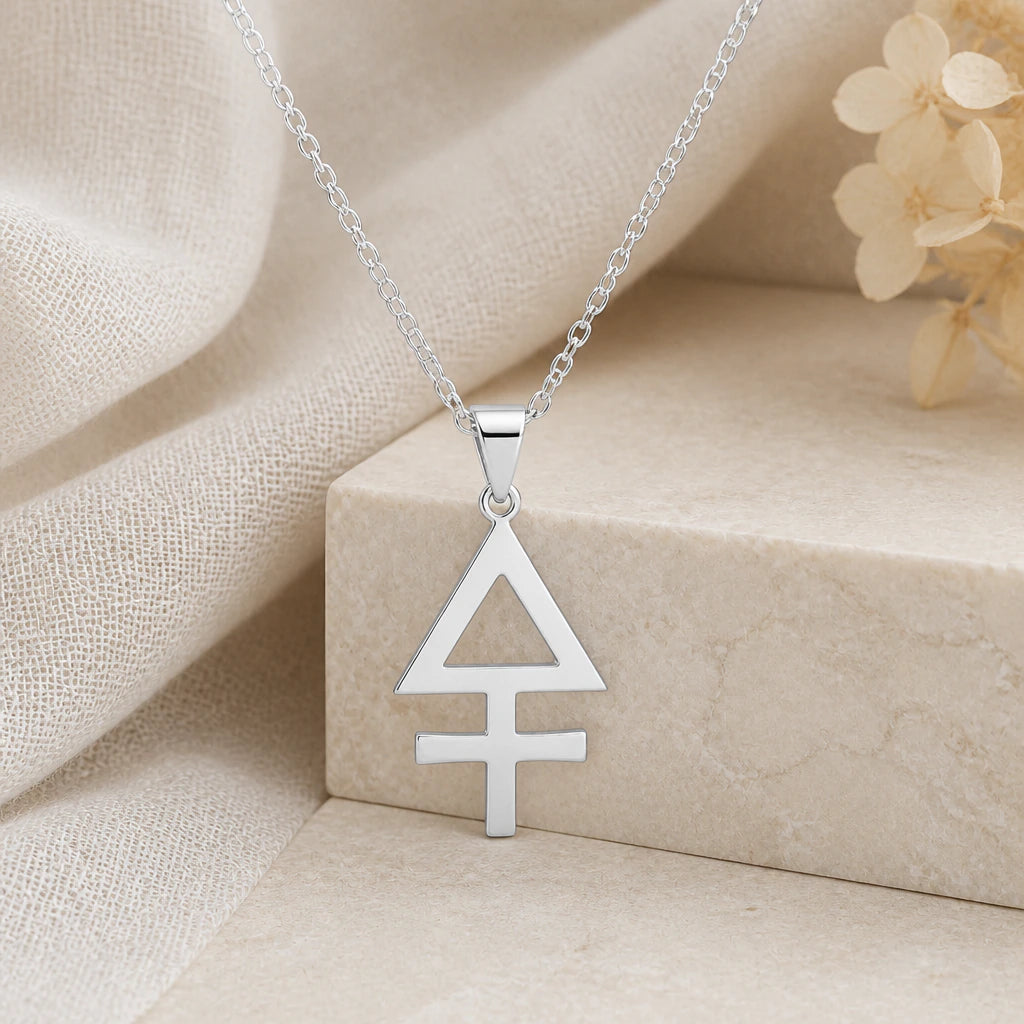 925 sterling silver sulphur alchemy symbol pendant necklace on softly folded cream linen