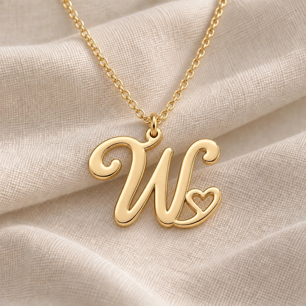 W Initial Heart pendant necklace in a warm gold finish on cream fabric