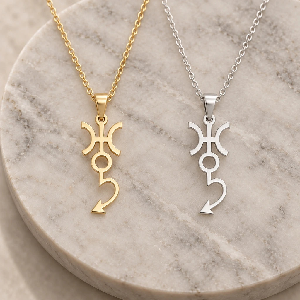 Erinyes Slim Symbol pendant necklace in silver and gold finishes side by side