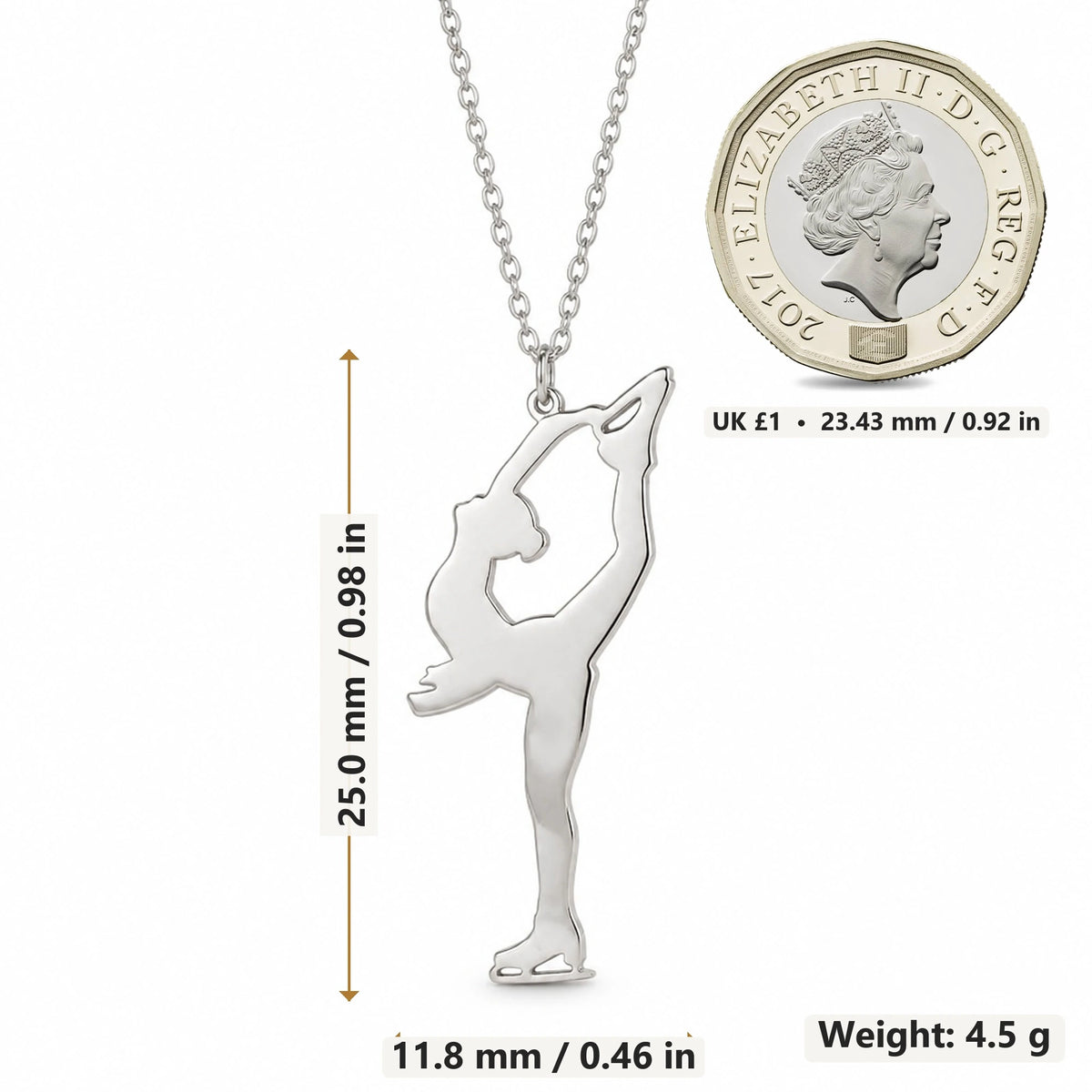 Figure Skater Biellmann pendant necklace size image showing 25.0 mm height, 11.8 mm width and 4.5 g weight