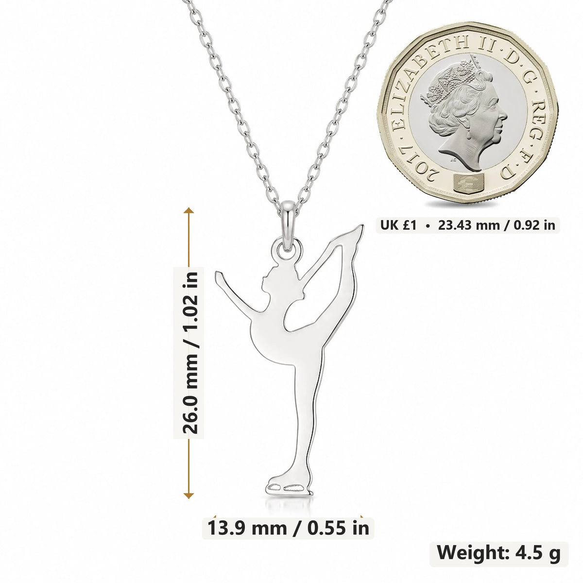 Figure Skater Scorpion pendant necklace size image showing 26.0 mm height, 13.9 mm width and 4.5 g weight