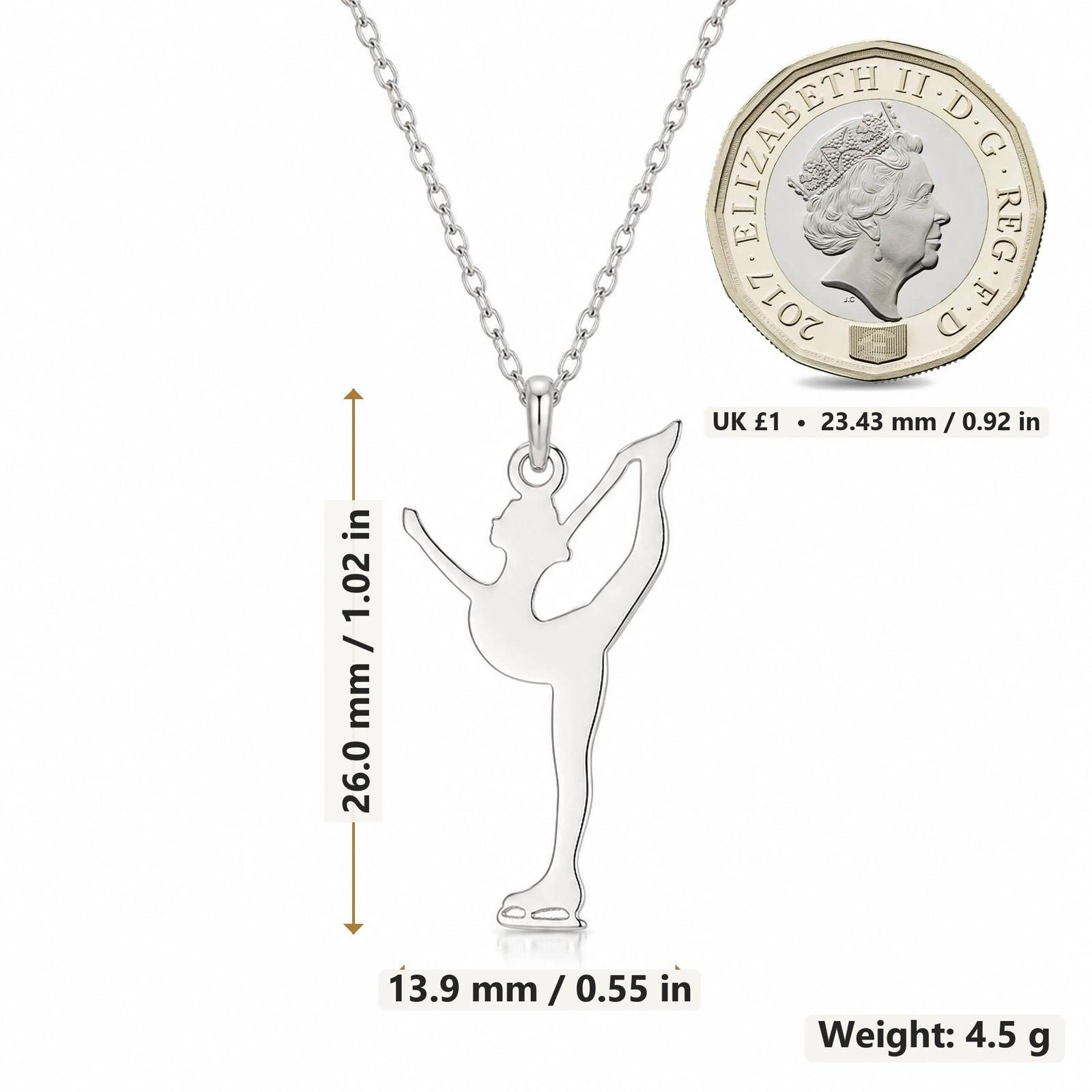 Figure Skater Scorpion pendant necklace size image showing 26.0 mm height, 13.9 mm width and 4.5 g weight