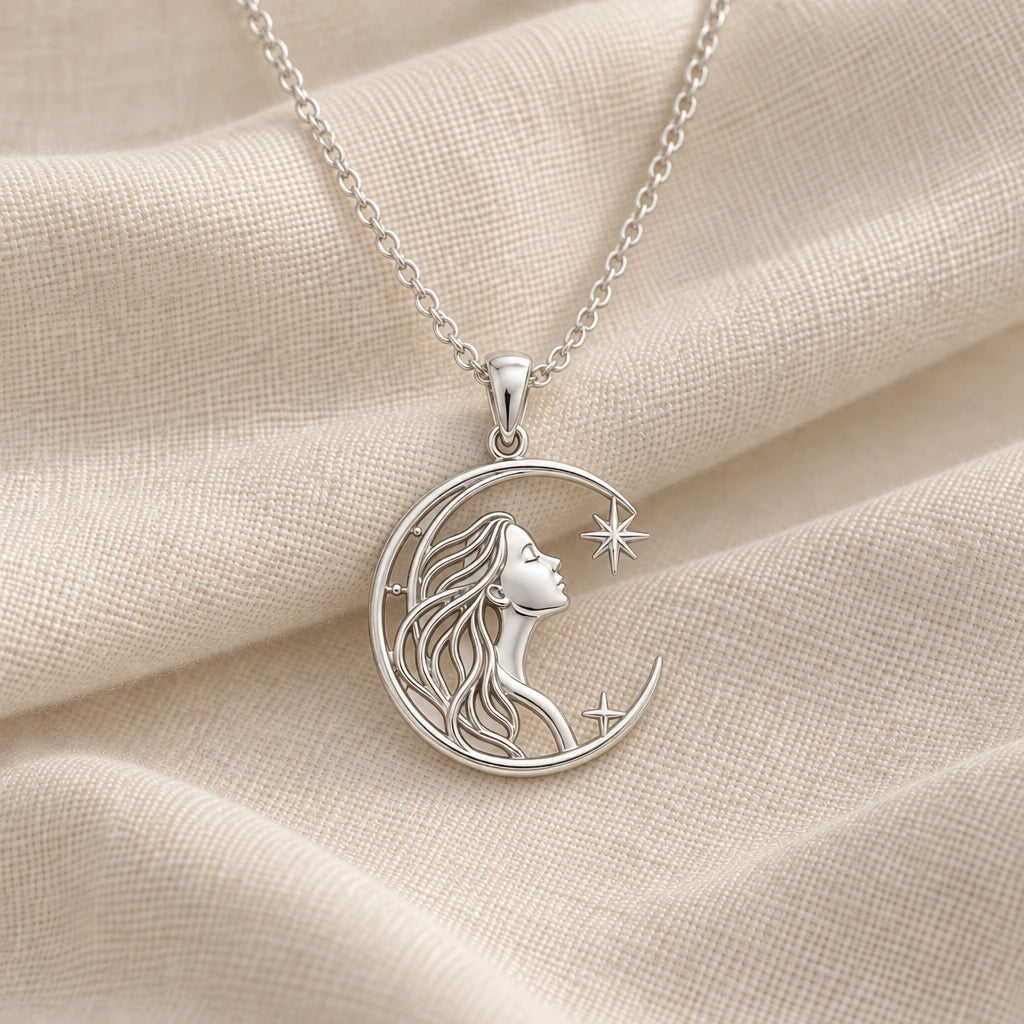 925 sterling silver celestial woman moon pendant necklace on cream fabric