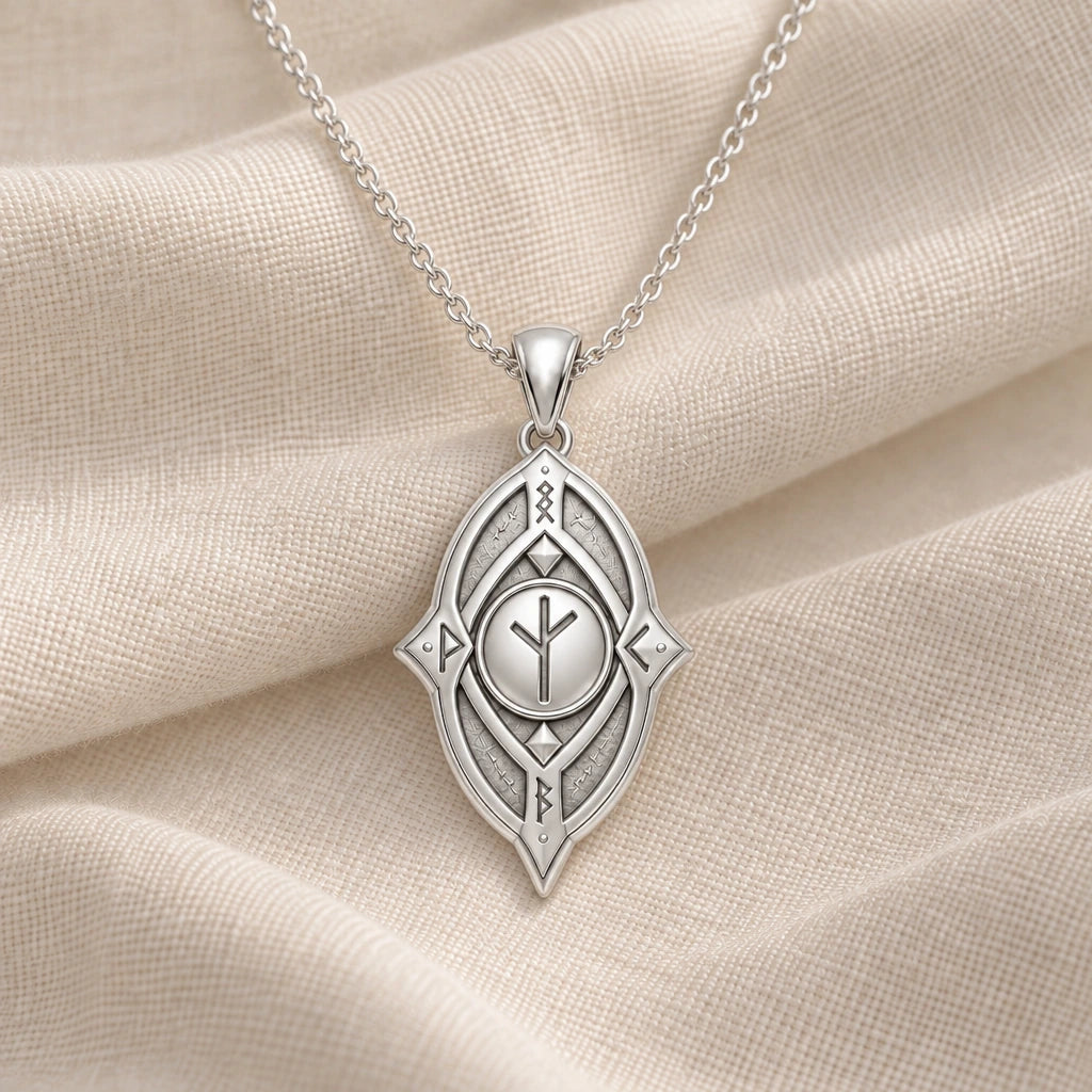 925 sterling silver protective rune shield pendant necklace on cream fabric