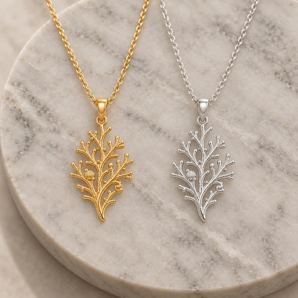 Coral Branch pendant necklace in silver and gold finishes side by side