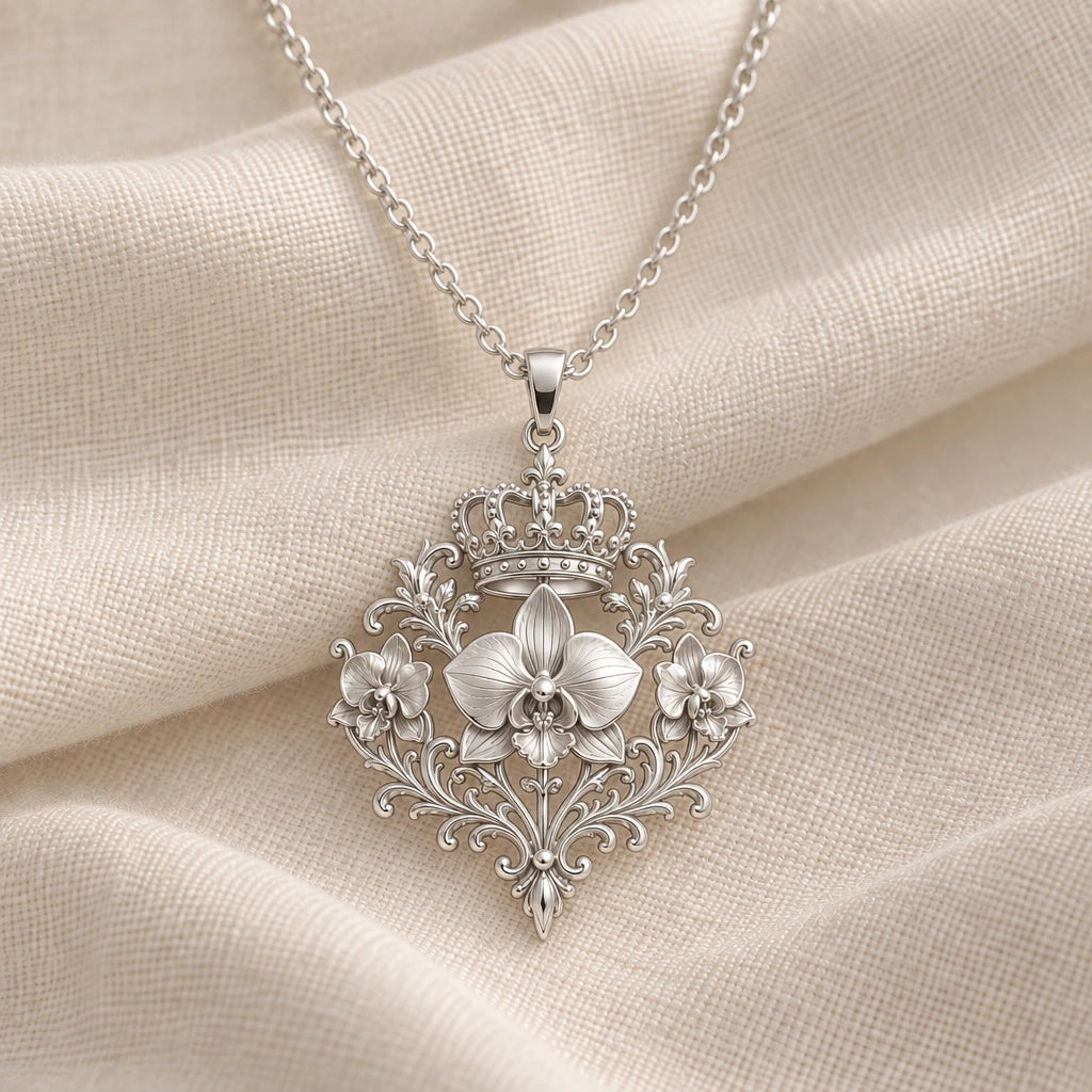 925 sterling silver regal orchid crown pendant necklace on cream fabric