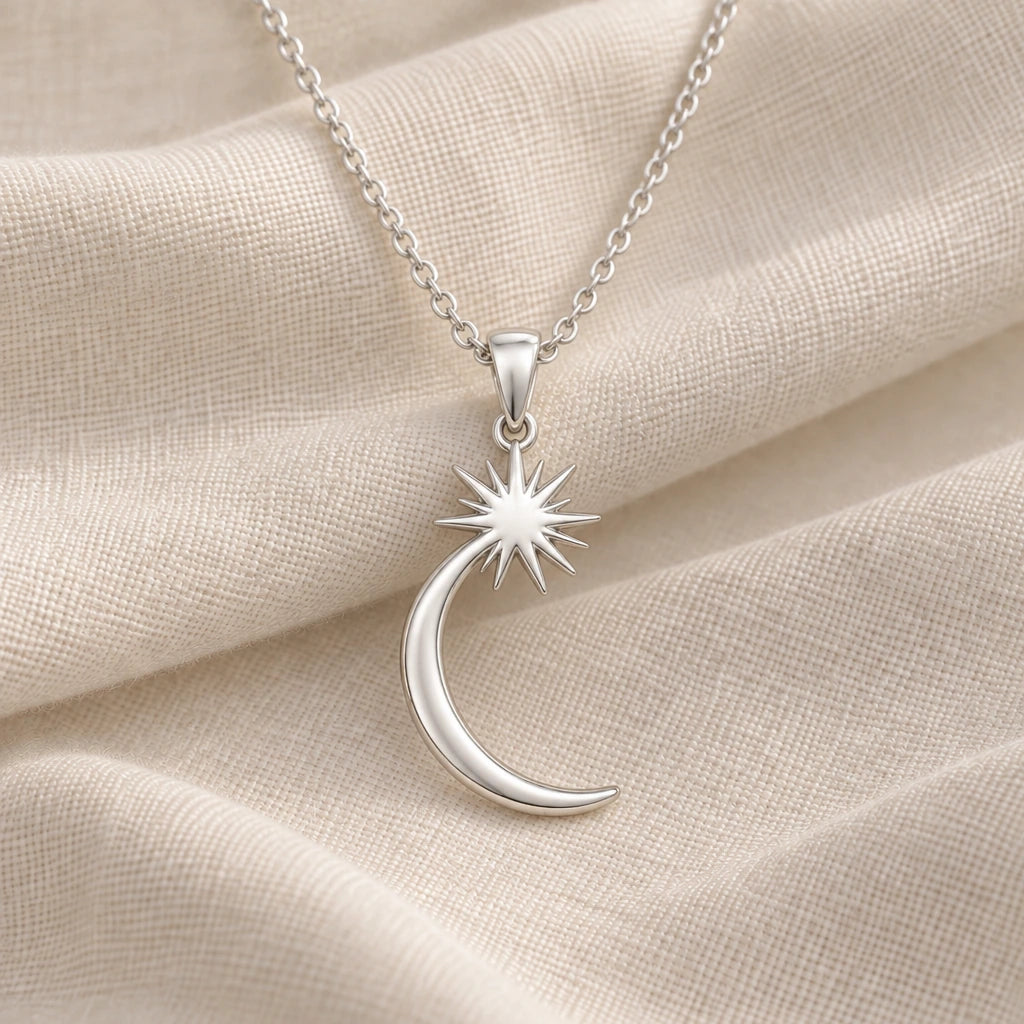925 sterling silver crescent moon sunburst pendant necklace on cream fabric