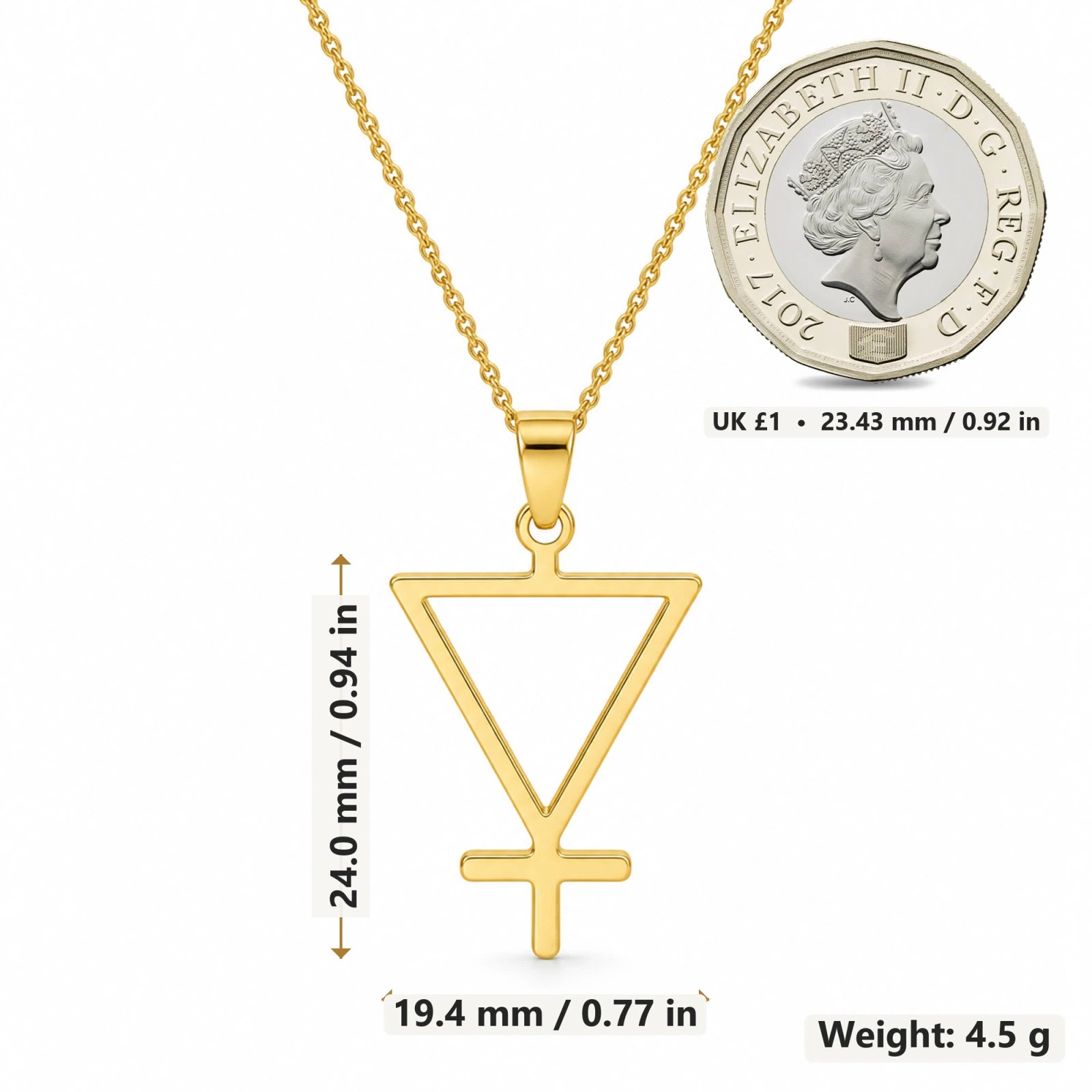 Earth Element pendant necklace size image showing 24 mm height and 19.4 mm width and 4.5 g weight