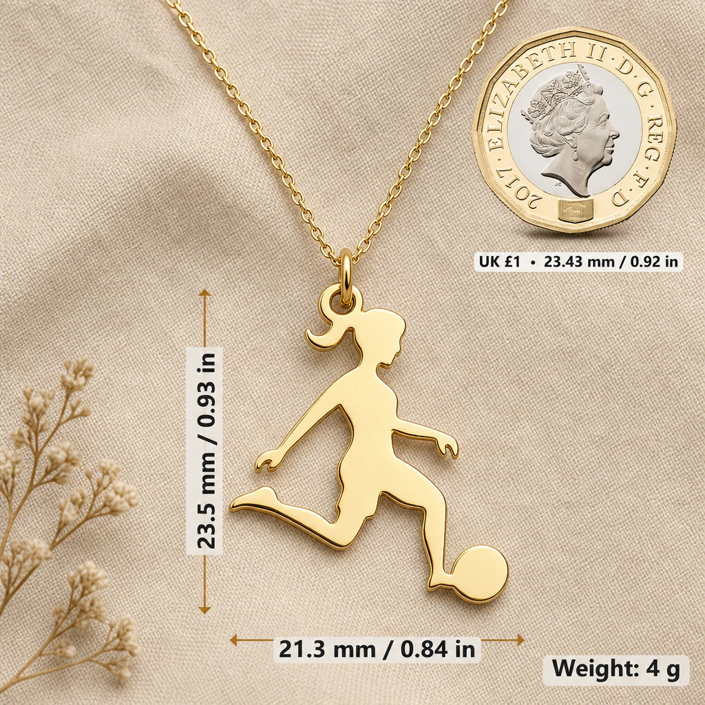 Girls Football Player Pendant Necklace size guide, 23.5 by 21.3 mm