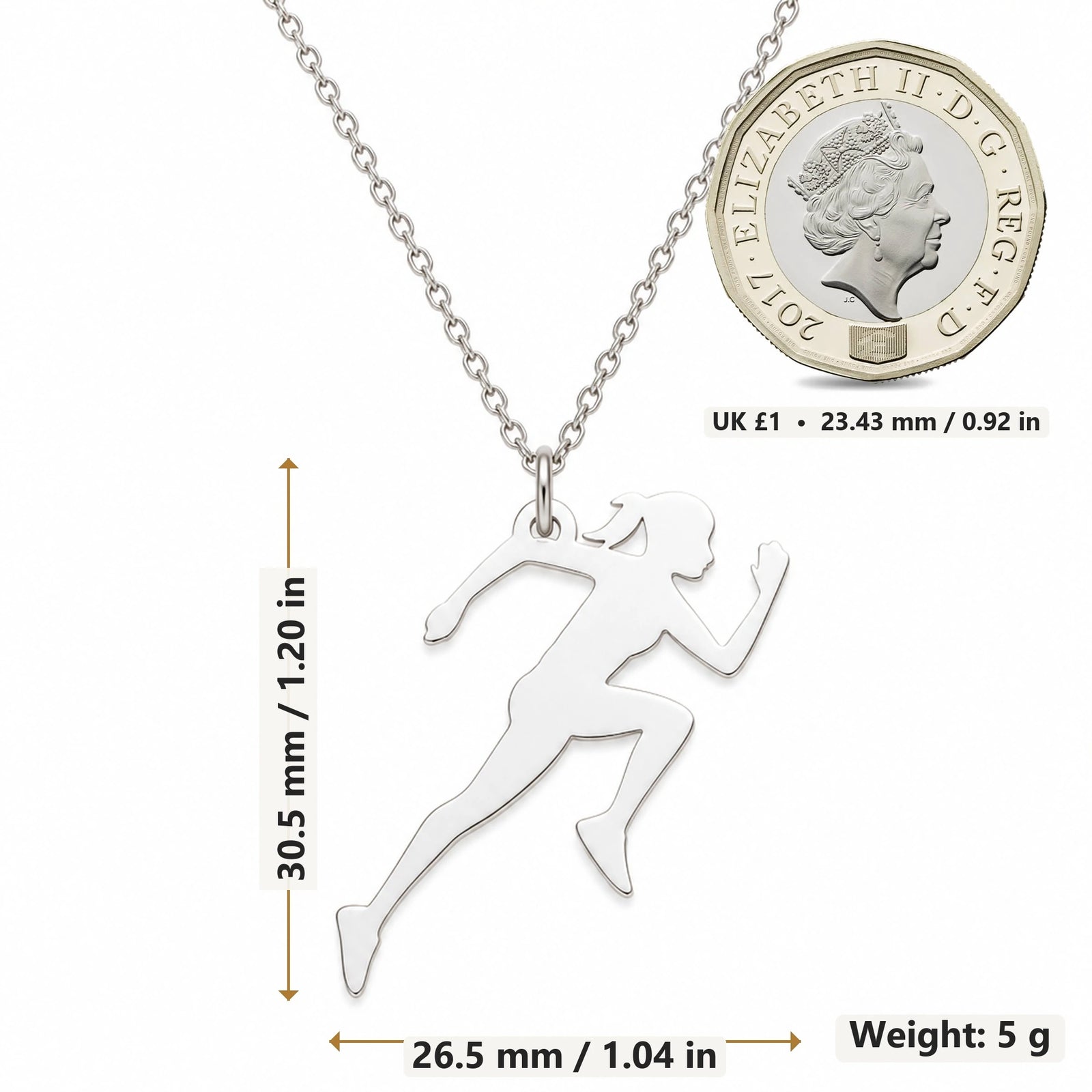 Running Woman pendant necklace size image showing 30.5 mm height, 26.5 mm width and 5 g weight